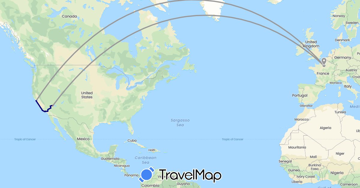 TravelMap itinerary: driving, bus, plane, hiking in France, United States (Europe, North America)